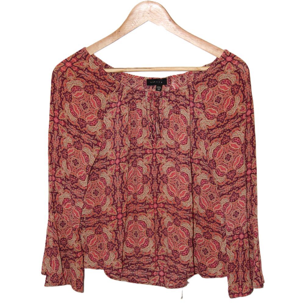NWOT Womens Sanctuary Anthropologie Tan Red Orange Rayon Bohemian Blouse Size XS